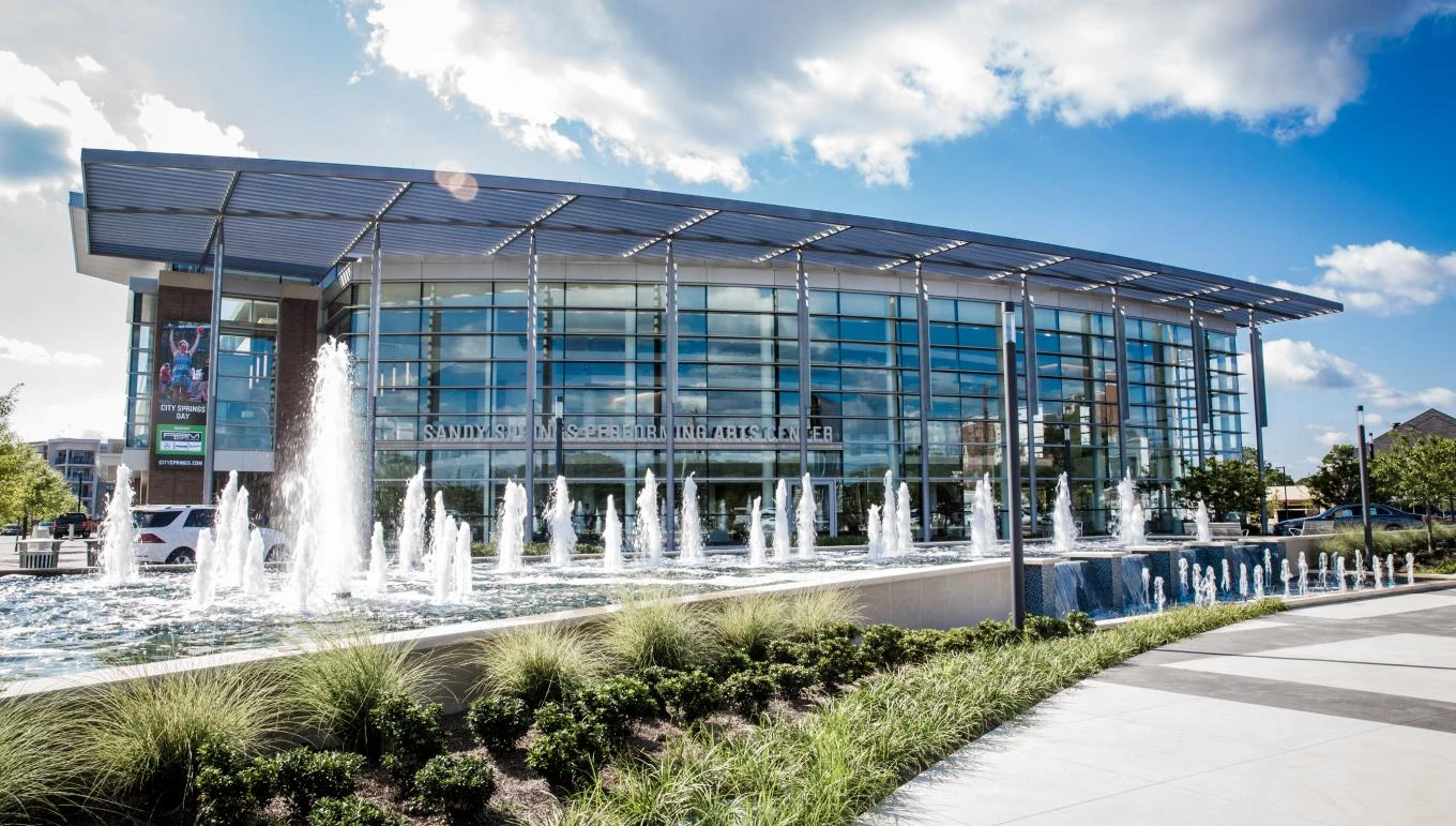 City Springs performing arts building and fountains in Sandy Springs, Georgia