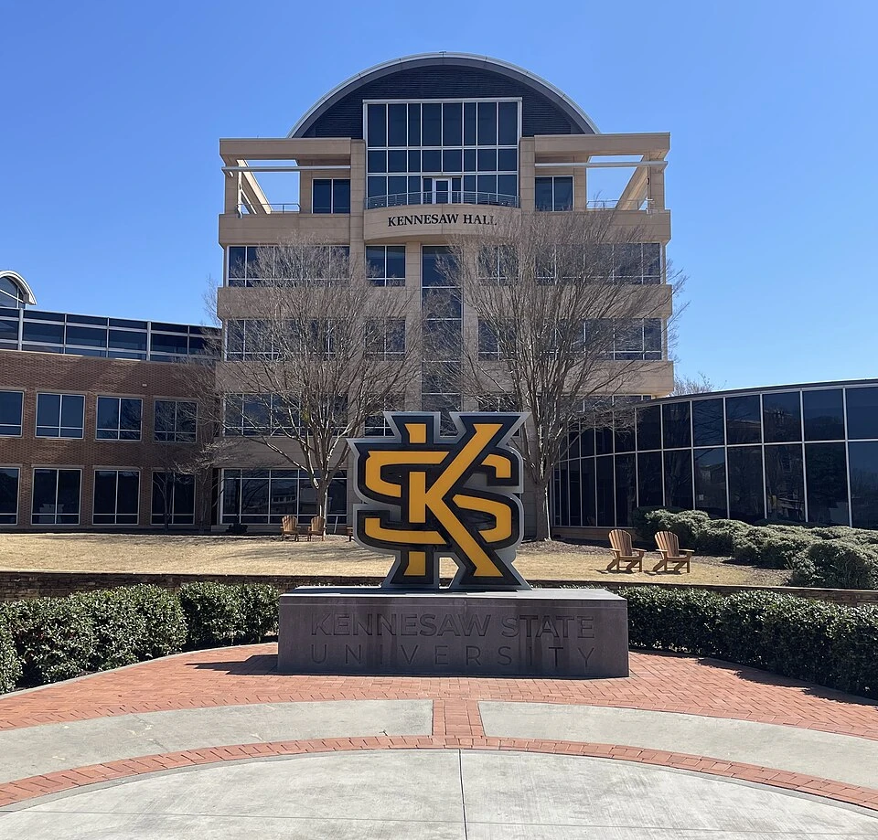 Kennesaw State University campus building and KSU monument in Kennesaw, Georgia