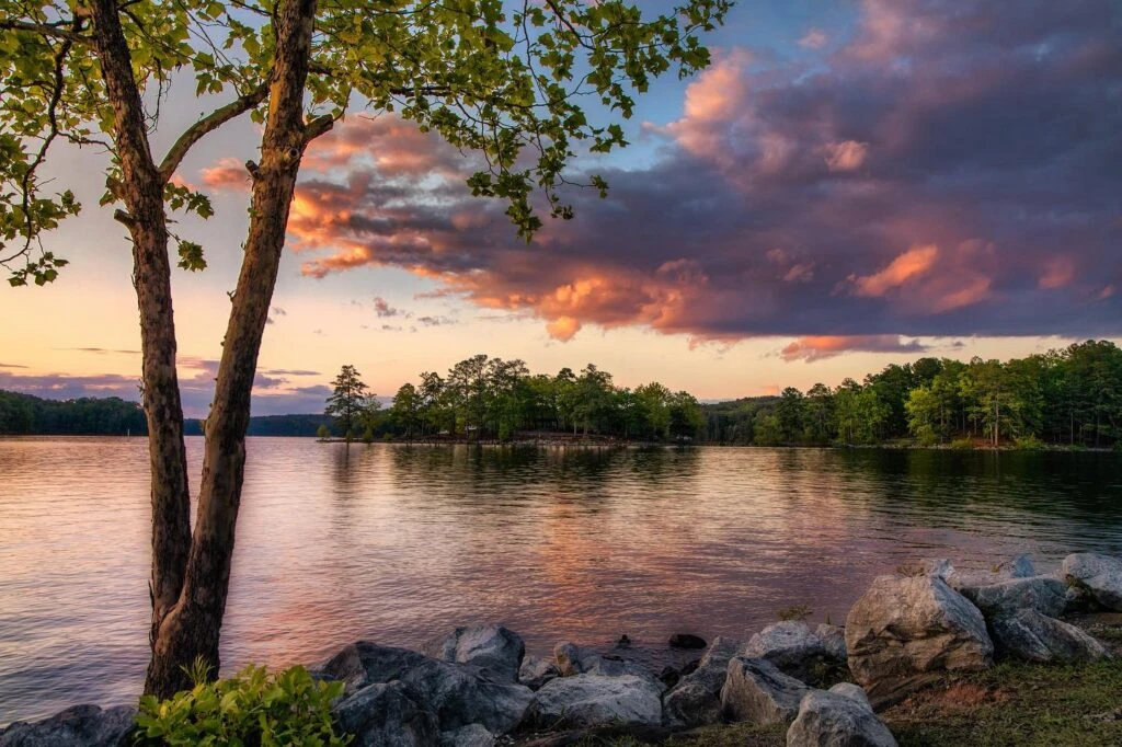 Lake shoreline at Red Top Mountain near Acworth, Georgia at sunset