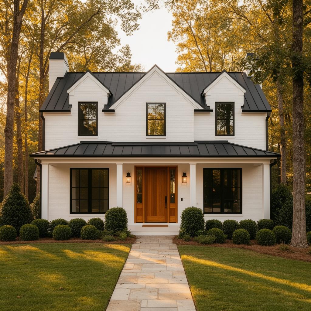 Luxury modern farmhouse with white brick exterior, black windows, and inviting front entry